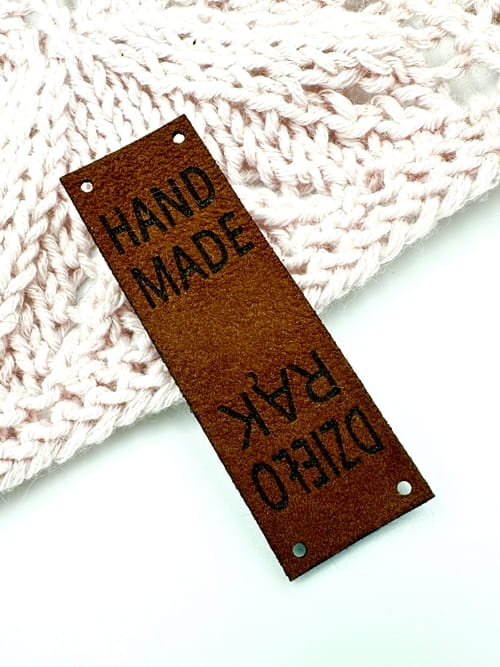 metka ze sztucznej skóry z napisami handmade / dzieło rąk