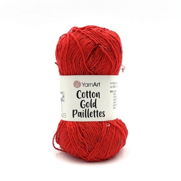 Włóczka fantazyjna bawełniana z cekinami YarnArt Cotton Gold Paillettes czerwony Dziergaweczki